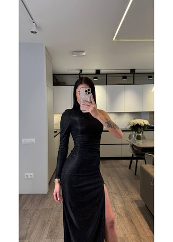 Черное праздничный, кэжуал, вечернее женское платье силуэтное с одним рукавом силуэтная Style Point однотонное