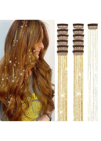Накладні блискучі пасма для волосся на шпильках золоті Hair Tinsel 12 штук No Brand (387650544)