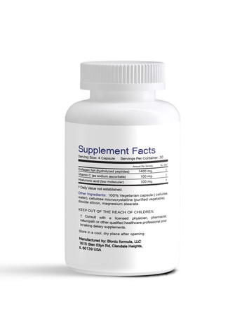 Пептиди колагену з гіалуроновою кислотою та вітаміном С для суглобів 1400 мг. шкіри нігтів та волосся 120 капсул Bionic Formula (369154324)