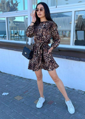 Коричневое повседневный изысканное леопардовое платье с рукавами фонарик семь восьмых и поясом в комплекте Allthings леопардовый