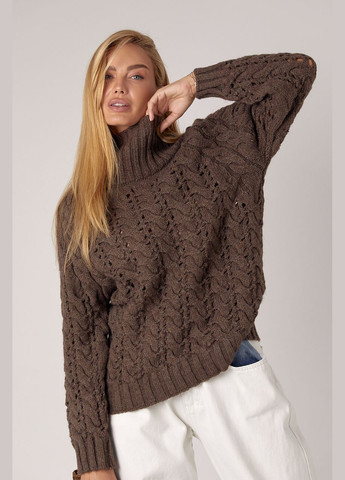 Коричневый зимний вязаный свитер женский с ажурными узорами - голубой Lurex