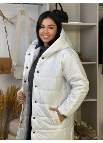 Молочное демисезонное Зимнее стеганое пальто с поясом и объемным капюшоном • теплое и стильное • ЗАМЕРЫ В ОПИСАНИИ Vione