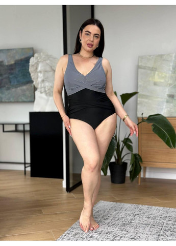 Черный летний женский сплошной купальник плюс сайз серый верх низ / женский купальник больших размеров с перекрестком на талии No Brand