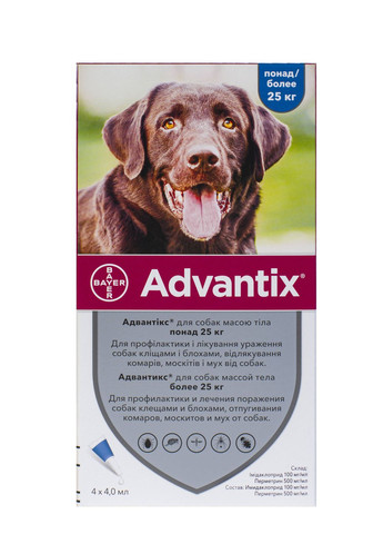 Краплі Адвантикс проти заражень екост паразитами для собак понад 25 кг 4 піпетки Bayer (364751312)