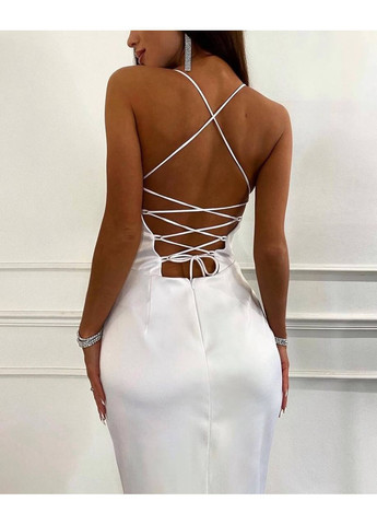 Білий святковий, вечірня атласна сукня міді з високим розрізом та шнурівкою на спині з відкритою спиною MonCher