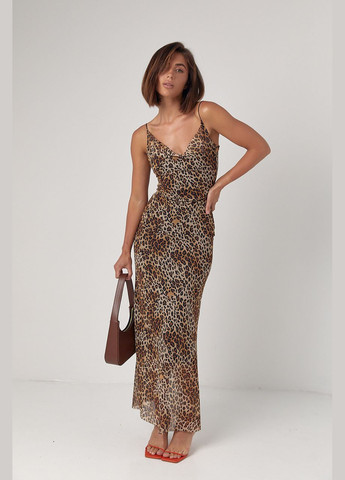 Коричневое повседневный леопардовый сарафан на бретелях с обнаженной спиной коричневый цвет s с открытыми плечами No Brand леопардовый