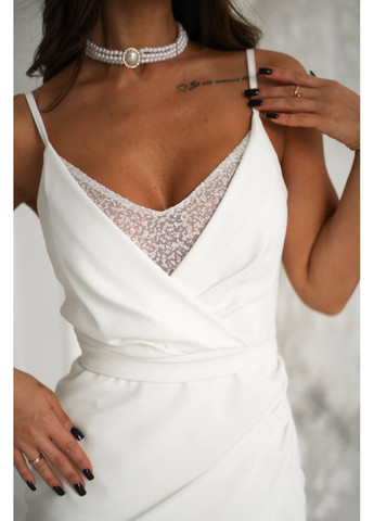 Молочна святковий, вечірня жіноча сукня максі із вставкою з блискучого мережива MonCher