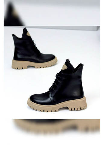 Жіночі демісезонні черевики з натуральної шкіри чорні на бежевій масивній підошві комфортні черевики з шнурівкою та блискавкою Garti Черевики (365264661)