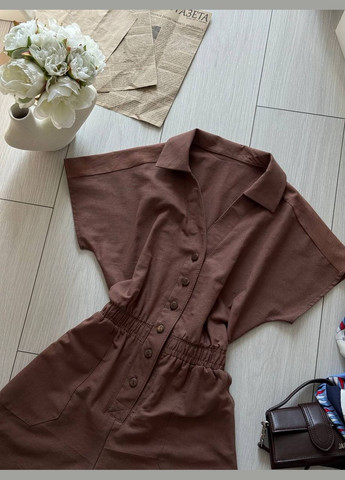 Жіночий комбінезон FINO Mode комбінезон-шорти коричневий повсякденний, коктейльний, вечірній, кежуал льон