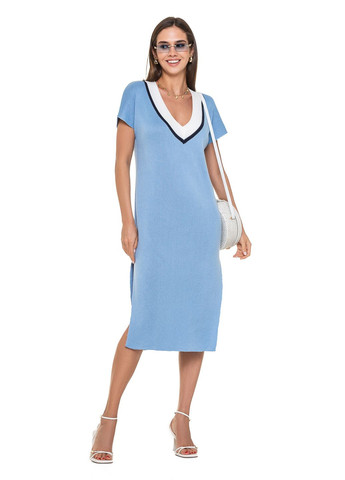 Голубое свободное трикотажное платье с цветным v-образным вырезом SVTR