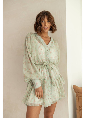 Оливкова легка шифонова сукня ann з поясом колір оливка квіти milirud