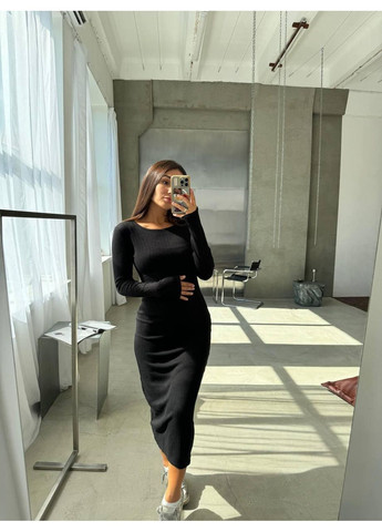 Черное повседневный платье женское макси широкий рубчик теплое длинное приталенное No Brand однотонное