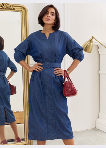 Синее повседневный джинсовое платье-миди с поясом синее Dressa однотонное