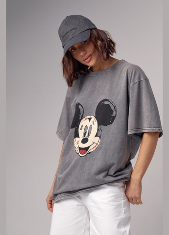 Світло-сіра літня жіноча футболка oversize з принтом mickey mouse 13245 з коротким рукавом Lurex