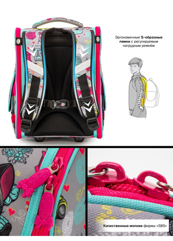 Ортопедический рюкзак (ранец) в школу серый для девочек /SkyName с Котиками 34х26х14 см в 1 класс (2072) Winner (293504187)