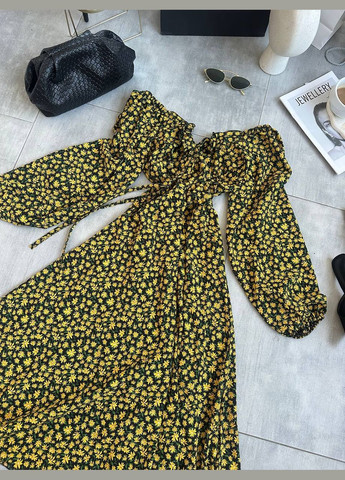 Жовтий коктейльна, пляжна, повсякденний, кежуал, вечірня жіноча сукня кльош FINO Mode з квітковим принтом