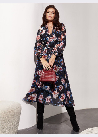 Черное праздничный шифоновое платье с цветочным принтом и лифом на запах черное клеш Dressa с цветочным принтом