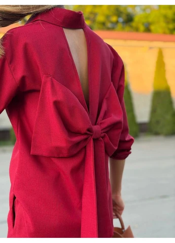 Женский льняной костюм с бантом на рубашке красного цвета 38817 Fashion (400477659)