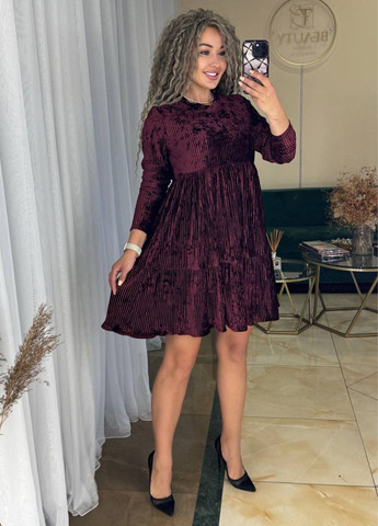 Бордова повсякденний стильна гофровано-велюрова сукня No Brand однотонна