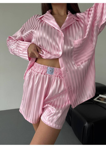Розовая всесезон женская шелковая пижама рубашка + шорты Asi.Store.ua