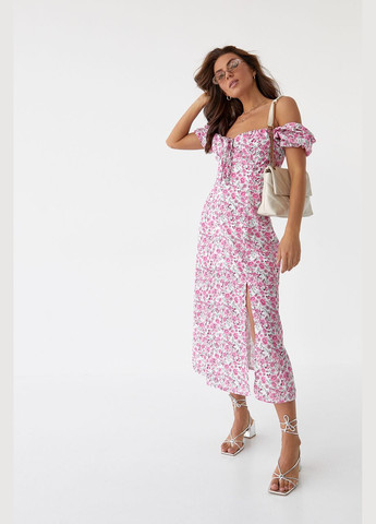 Розовое повседневный цветочное платье миди с разрезом 2266 Lurex с цветочным принтом
