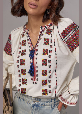 Жіноча вишиванка на зав'язках з рукавами-регланами 05643 Lurex (292301193)