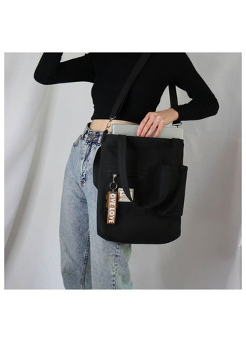 Черный шопер через плечо вместительная сумка с ручками для учебы азиатский стиль на 4 отделения кавай с брелоком мишки kpop No Brand (368717664)