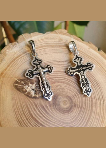 Хрестик срібний з емаллю та розп’яттям посередині Каштан (342335179)