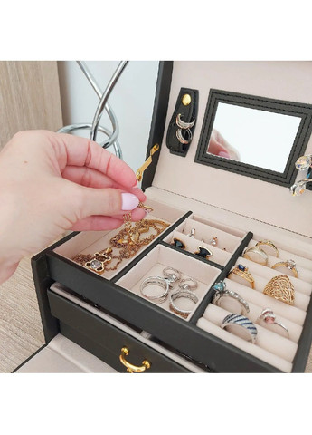Шкатулка сатиновая для хранения бижутерии украшений с ключом зеркалом выдвижными ящичками 17,5×14×12 см (482111-Prob) Черная Unbranded (370456150)