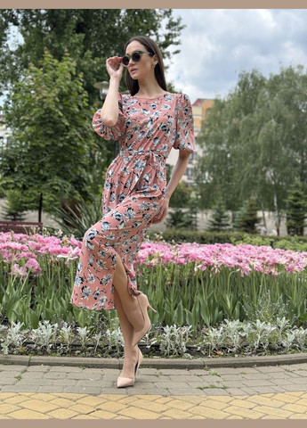 Рожево-коричнева сукня максі в рожево-кремових тонах з розрізами 5773 Cat Orange
