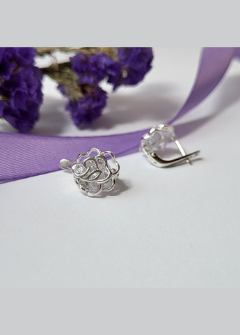 Срібні сережки Квітка Троянда із Білими каменями срібро 925 проби Родоване 56043р 3.50г No Brand (340916716)