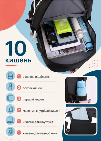 Підлітковий рюкзак для школи чорний зі Стічем на 10 кишень з USB і регульованими лямками 45х30х15 см No Brand (402336450)