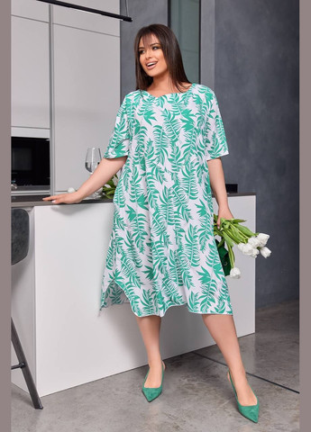 Зеленое женское платье из софта цвет белый-зеленый р.50/52 453418 New Trend