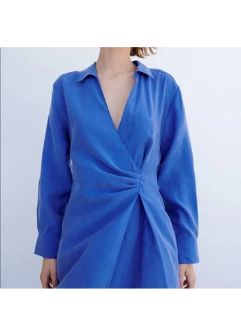 Синя сукня-халат із запахом синя s, міні сукня сорочкового крою Zara однотонна