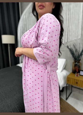 Розовый демисезонный нежный пижамный комплект рубашка и халат Vakko