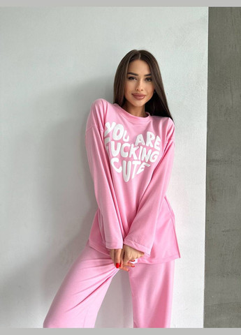 Стильный розовый домашний костюм 2-ка свободного кроя с качественным накатом на груди, костюм 2-ка из двунитки в размере 42-46 No Brand 4453-2 (284119723)