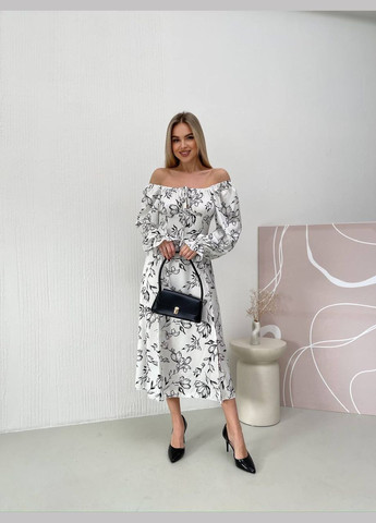 Белое повседневный женское платье с шолка с открытыми плечами, с корсетом Україна с цветочным принтом