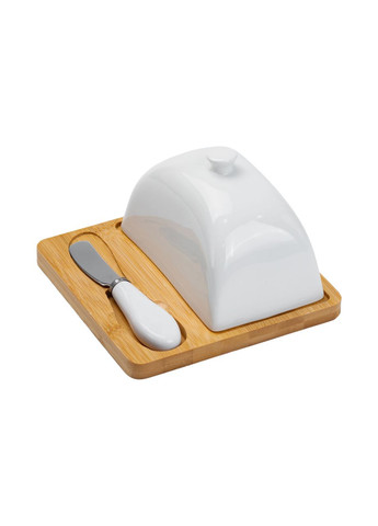 Масляна фарфорова 15*15*9 см з ножем бамбукова підставка для олії білий квадратний посуд ProDobro (364193021)