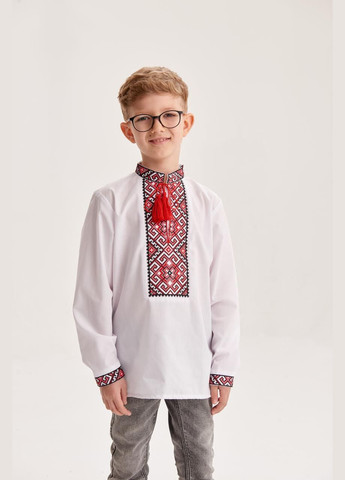 Белая подростковая вышиванка "орнамент классический" красный орнамент MEREZHKA узор орнамент бязь (340405047)