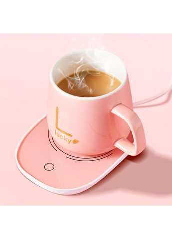 Чашка керамическая Lucky, 380 мл, с крышкой и подставкой, с подогревом, розовая No Brand (372003988)