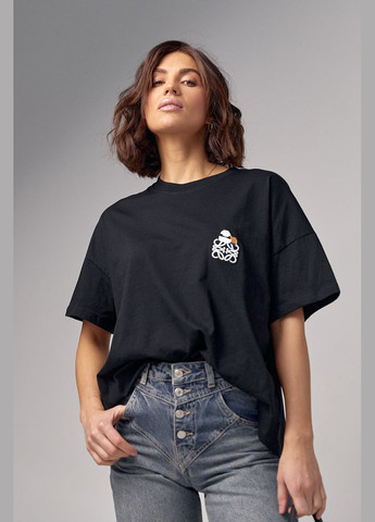 Чорна літня жіноча футболка oversize з вишивкою - чорний Lurex