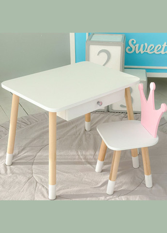 Дитячий столик білий і стільчик корона біло-рожевий. Столик із шухлядою для олівців і розмальовок 56787 No Brand (335039698)