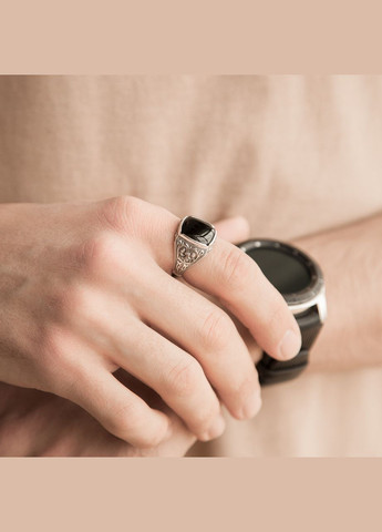 Кольцо серебряное мужское массивное с глубоким узором и черным ониксом. Каштан (342335079)