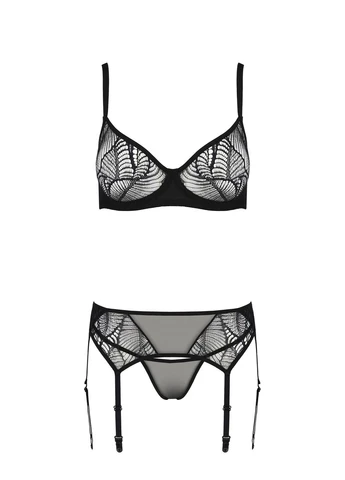 Черный демисезонный комплект leafa set black,, кружево+сетка, бюстгальтер на косточках, стринги, пояс для чулок - cherrylove Passion