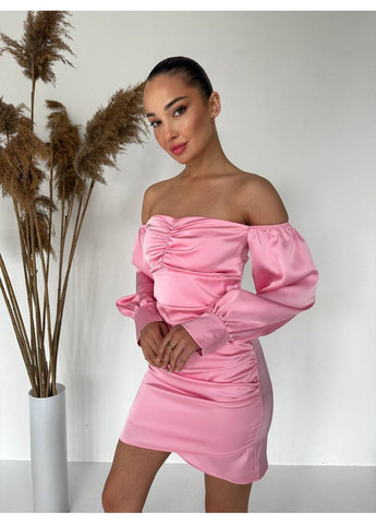 Рожева вечірня сукня міні з вiдкритими плечима рожевого кольору 35735 а-силует Fashion однотонна