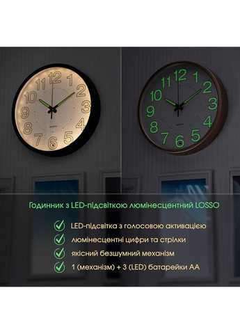 Безшумний настінний годинник люмінесцентний з LED підсвіткою CW-30 (чорний ободок) Losso (366091556)