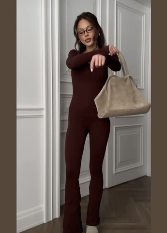 Женский комбинезон FINO Mode комбинезон-брюки однотонный коричневый кэжуал, спортивный, повседневный, откровенный, вечерний трикотаж