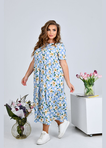 Блакитна повсякденний штапельна сукня з воланом а-силует No Brand з квітковим принтом
