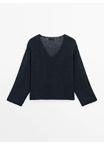 Темно-синий демисезонный вязаный свитер из льна Massimo Dutti