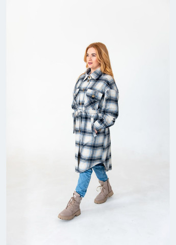 Молочное демисезонное Молочное теплое демисезонное удлиненное клетчатое женское пальто-рубашка оверсайз в клетку с поясом с карманами на кнопках пальто-рубашка No Brand